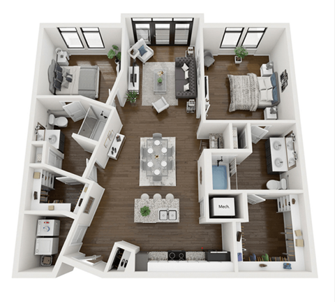 this is a 3d floor plan of a 824 square foot 1 bedroom apartment at the